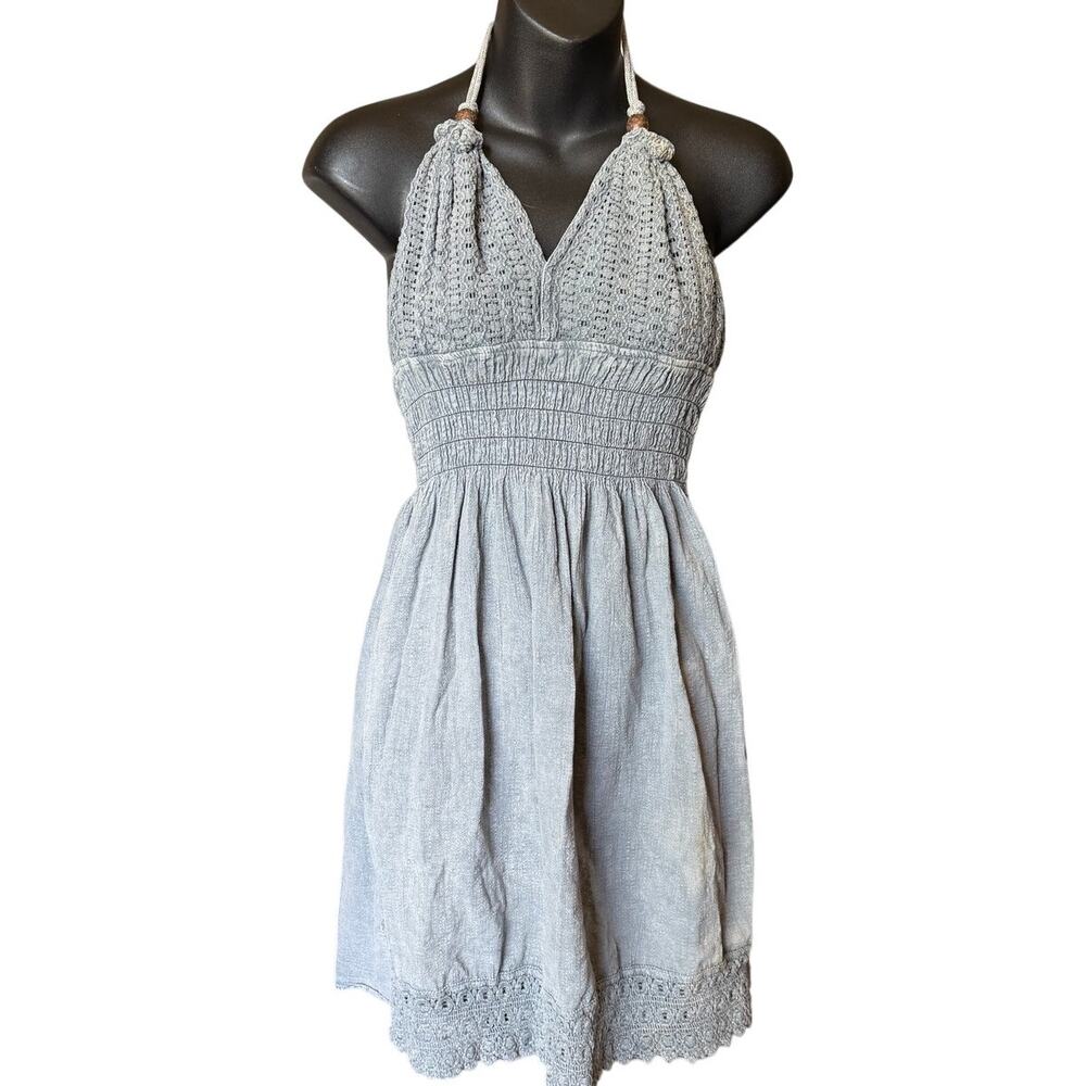 Boho Halter Crochet Dress | Earthy Festival Mini Dress Smocked Waist